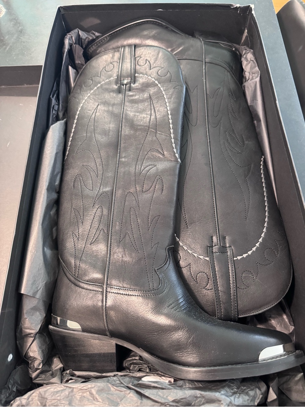 The Kooples Black Leather Western Heeled Boots with Silver Toe Detail